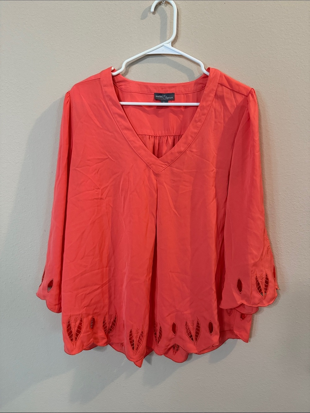 Market & Spruce Coral V-Neck Eyelet Hem Blouse